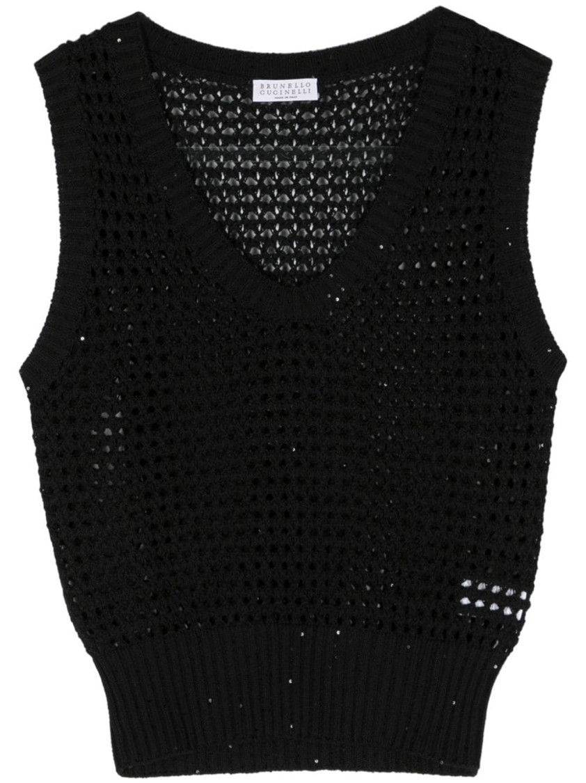 Brunello Cucinelli Black Sleeveless Top With Deep V-neckline In Black