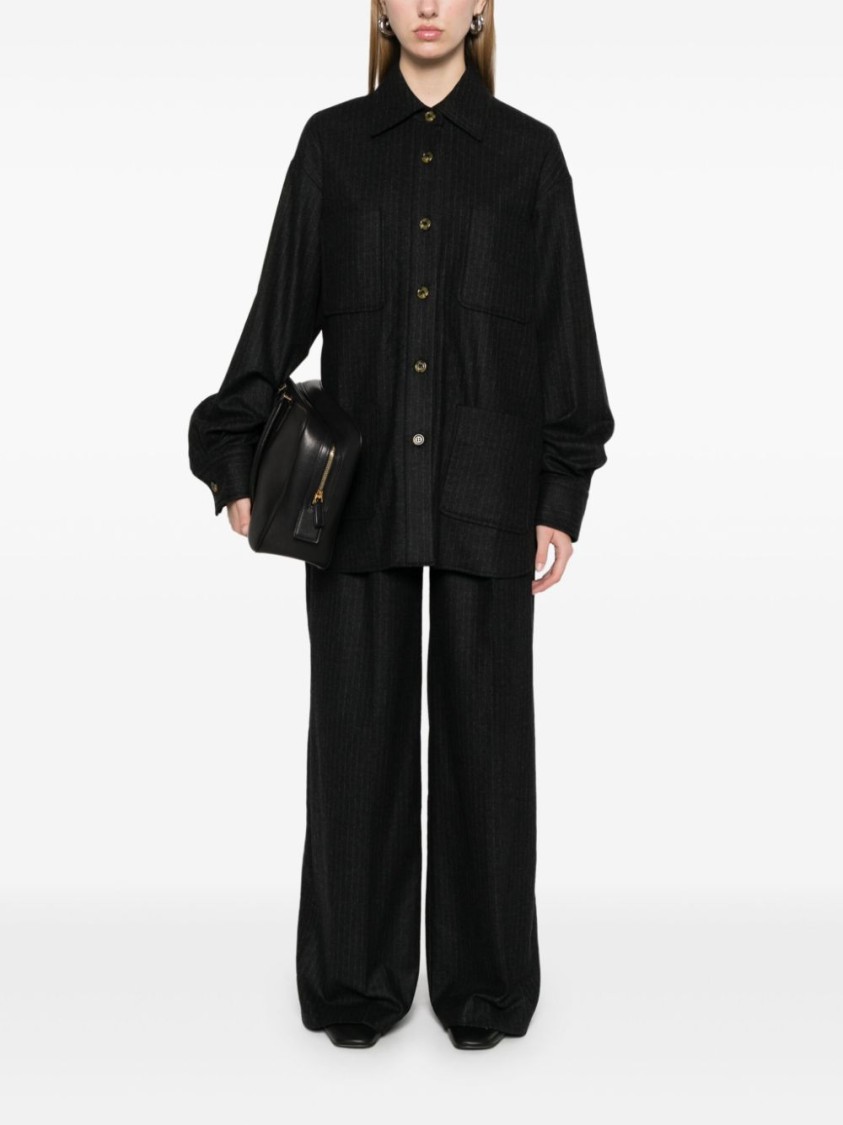 Le Sully Studio Pinstriped Wool Blend Shirt With Patch Pockets In Black