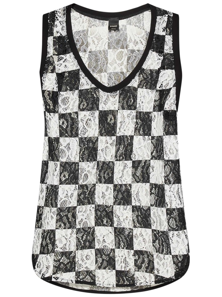 Shop Pinko Damier Floral Lace Tank Top With V-neckline In Grey