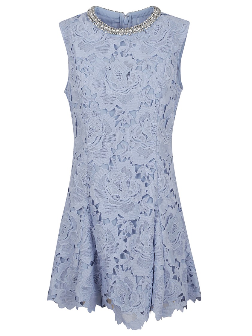 Self-portrait Bue Crewneck Mini Dress With Rhinestoned Collar And All-over Floral Lace Embroidery In Tech Fabric W In Blue