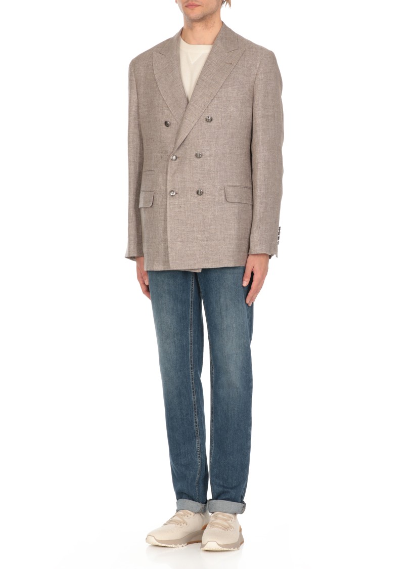 Brunello Cucinelli Beige Linen And Wool Double-breasted Jacket In Neutrals