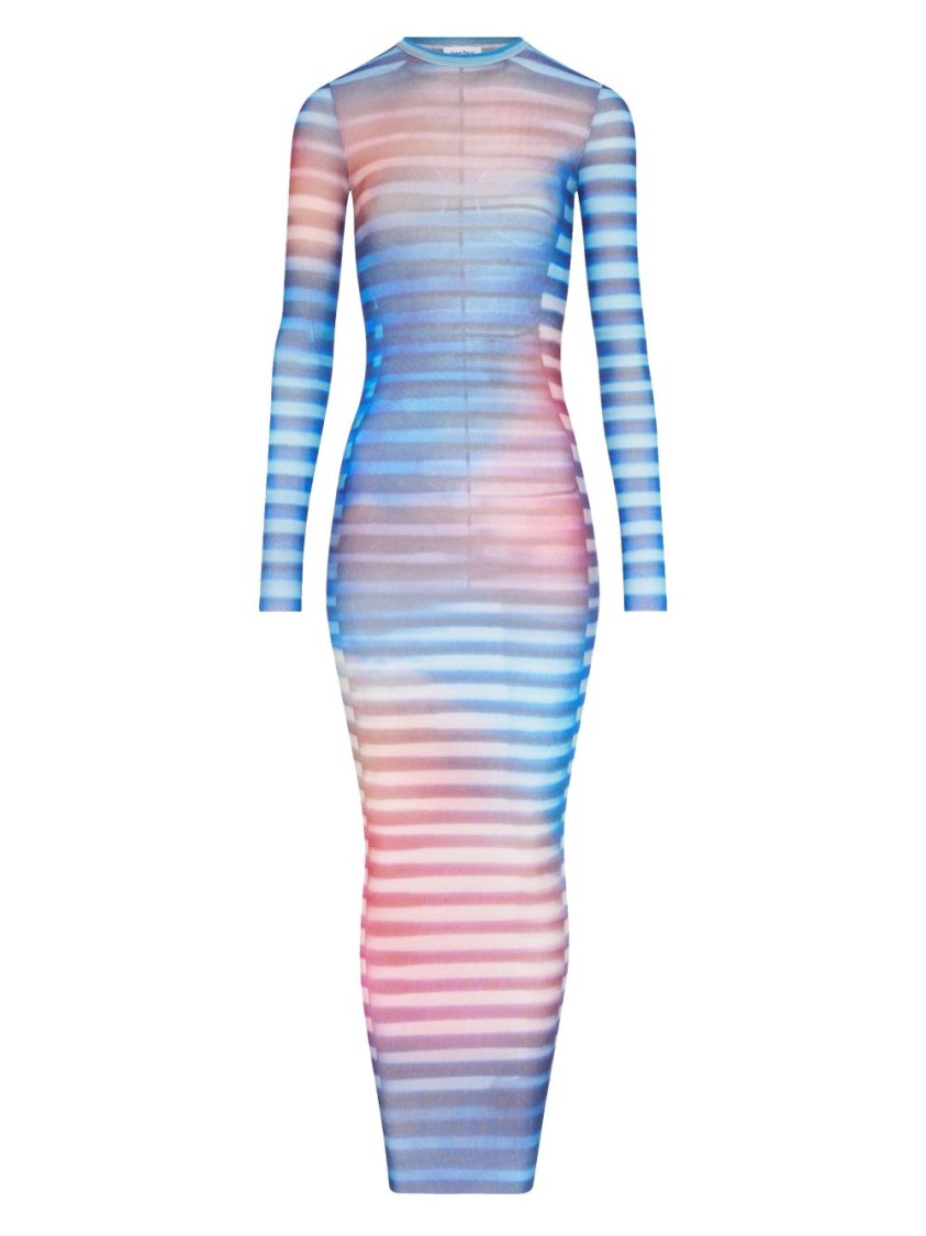 Jean Paul Gaultier Mesh Striped Bodycon Maxi Dress In Blue