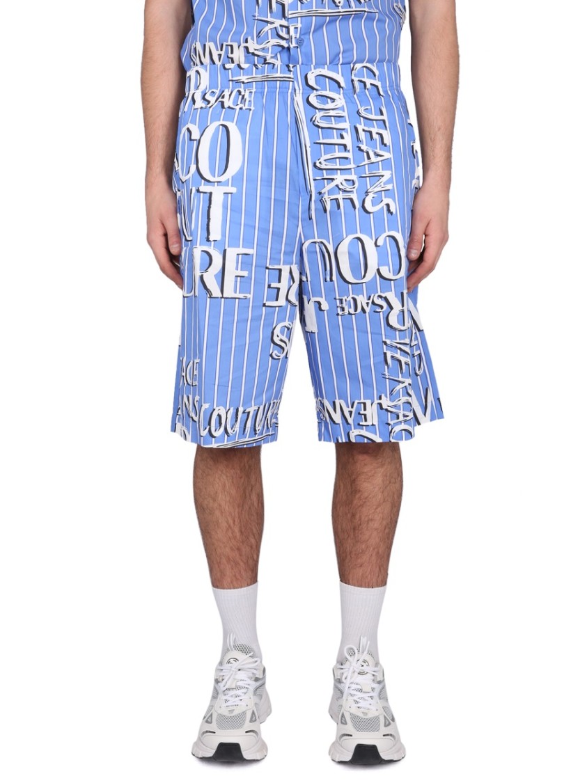 Shop Versace Jeans Couture Bermuda With Logo In Blue