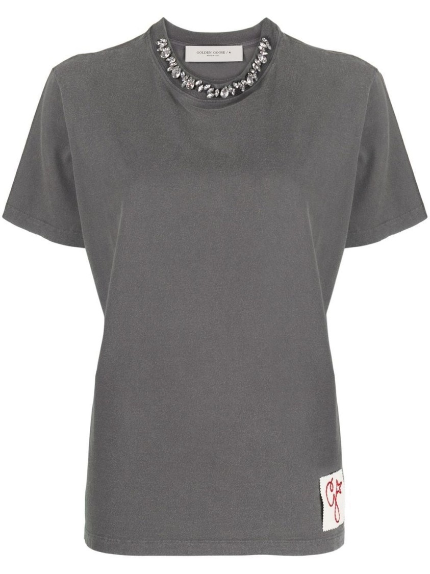 Golden Goose Golden Collection T-shirt In Anthracite Gray With Cabochon Crystals In Gray