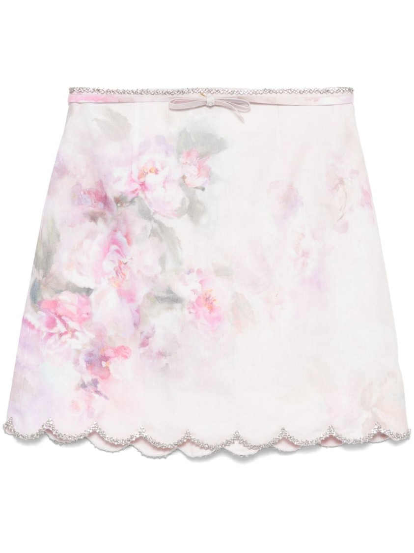 Zimmermann Delicate Floral Print Skirt With Scalloped Hemline In White