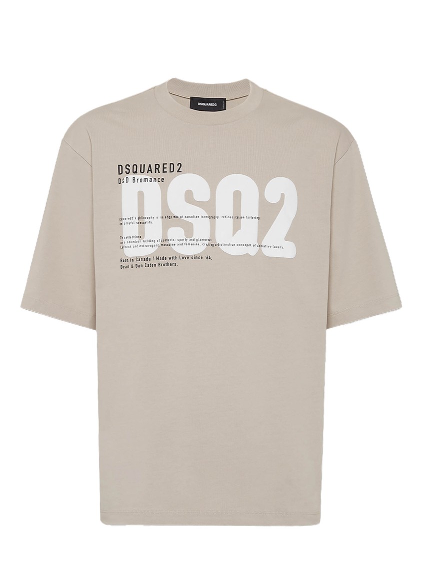 Dsquared2 Beige Crewneck T-shirt With Maxi Logo Print On The Front In Cotton Man In Nude