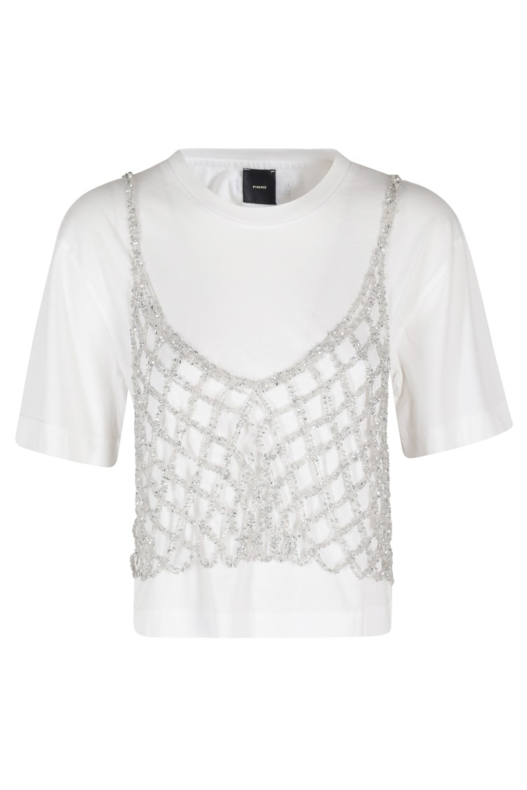 Shop Pinko Metalized Crochet Mesh Overlay Top - White