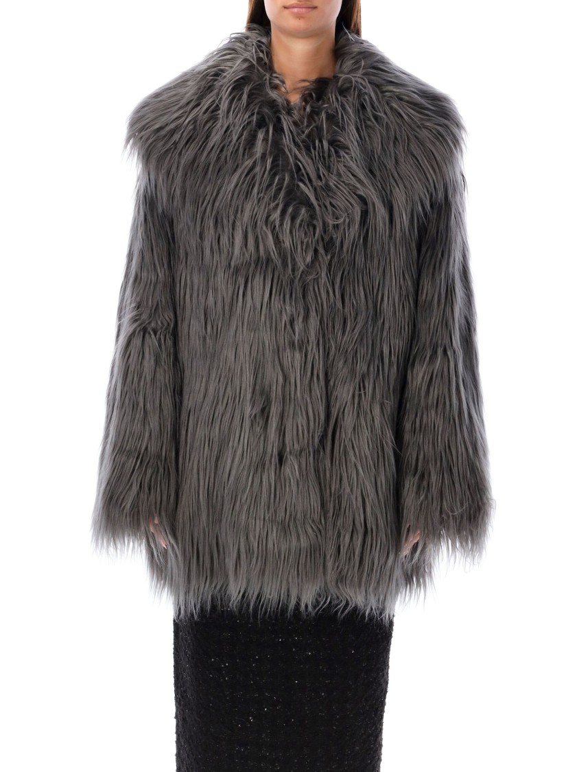 Rotate Birger Christensen Faux Fur Coat High Collar In Black