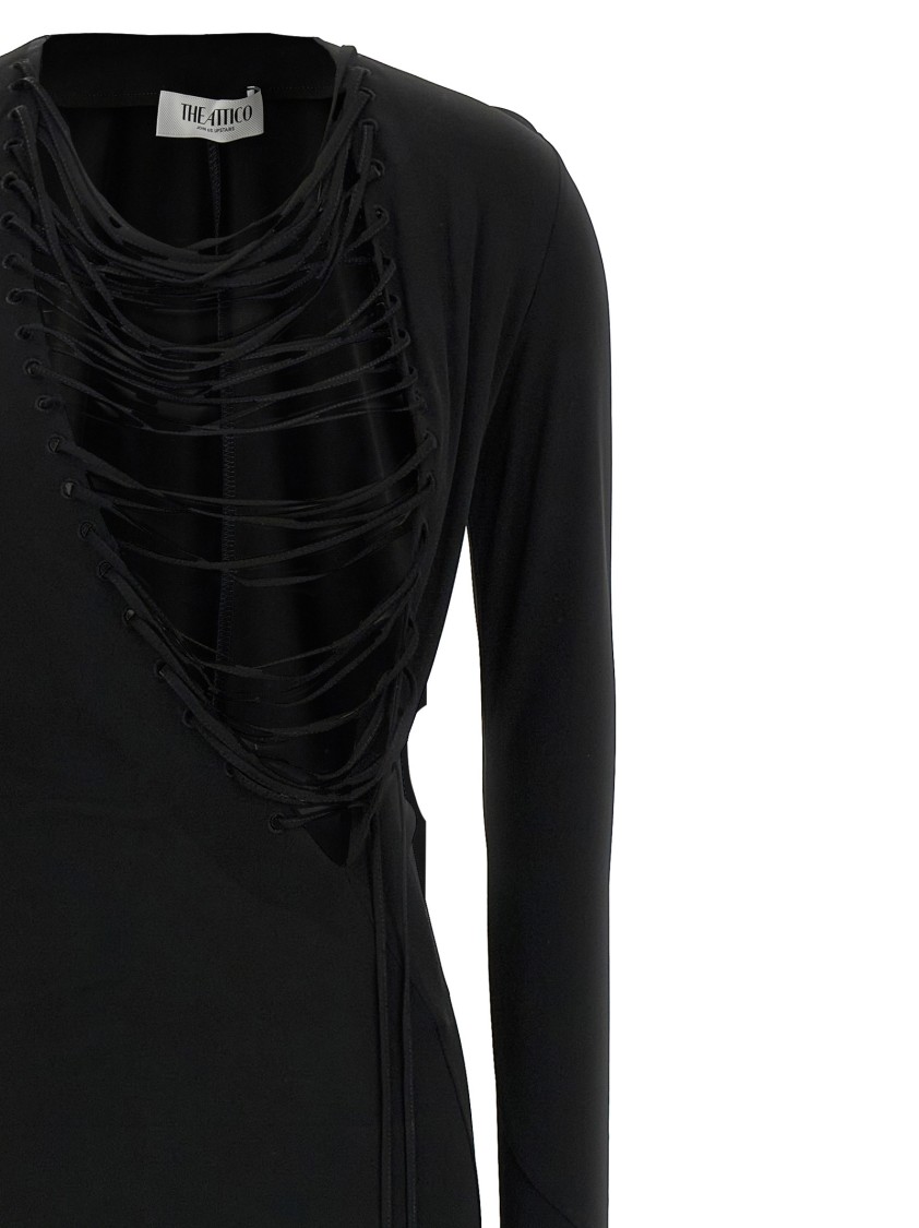 Attico Asymmetrical V-neck Dress With Flared Train In Black