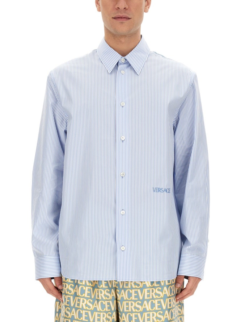 Versace Men Seashell Baroque Striped Shirt In Blue