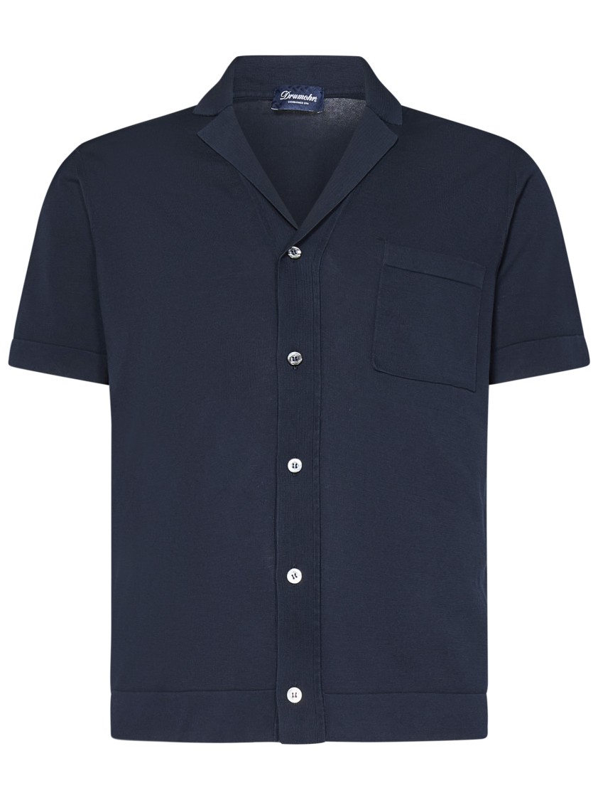 Drumohr Frosted Navy Bowling Shirt With Chest Patch Pocket In Blue
