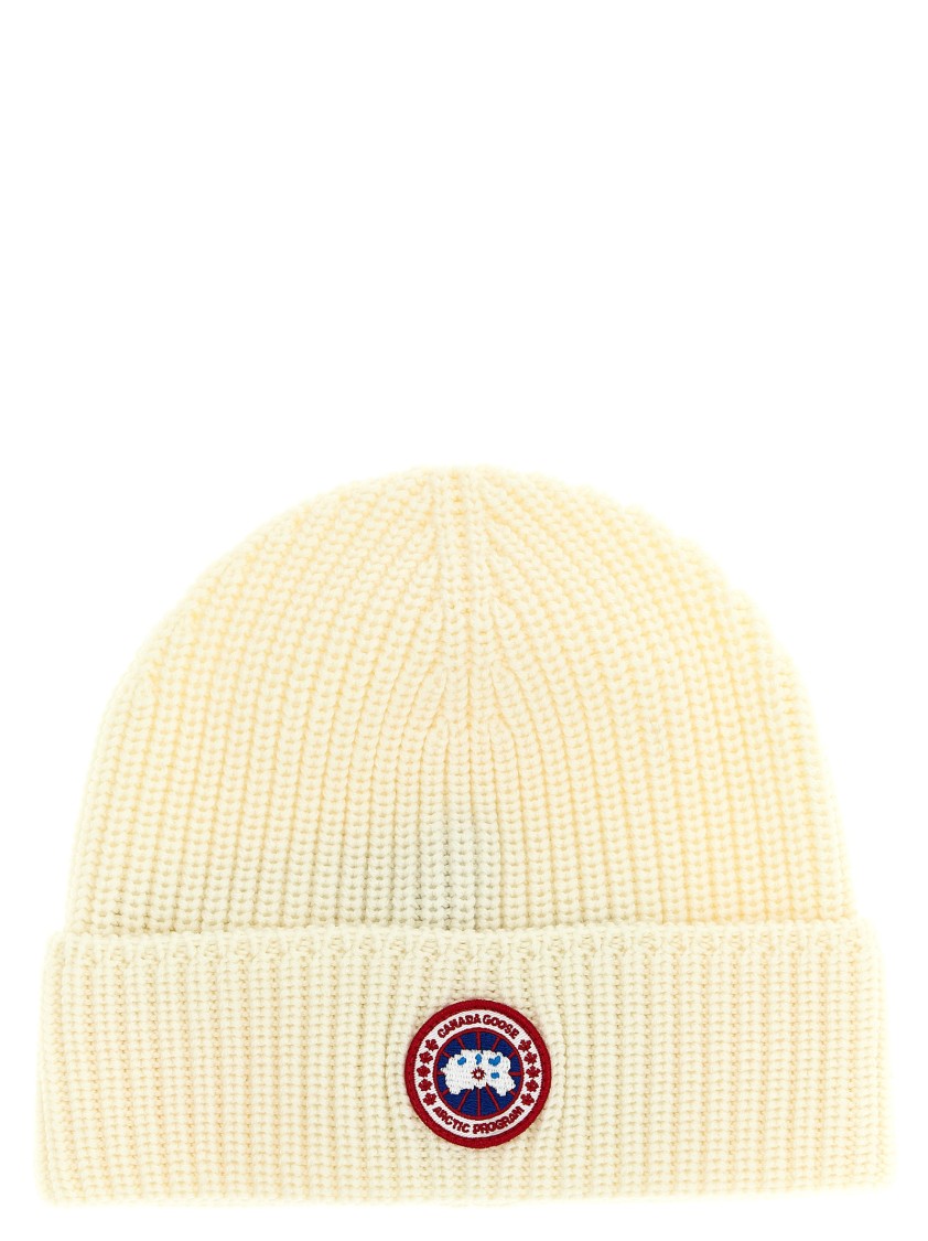 Canada Goose White Logo Beanie Hat In Neutral