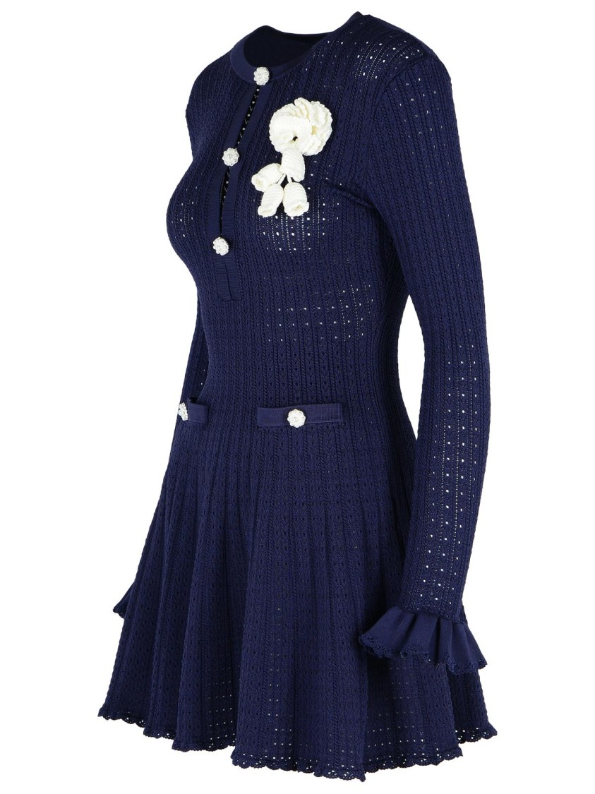 Self-portrait Perforated Knit Short Dress With Removable Lace Brooch In Blue