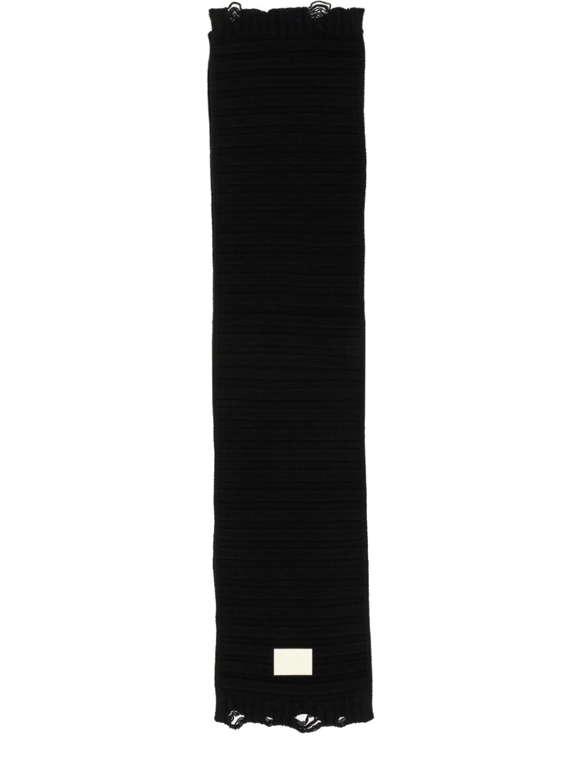 Mm6 Maison Margiela Mm6 By Maison Margiela Textured Ribbed Black Wool Scarf With Fringe In Black