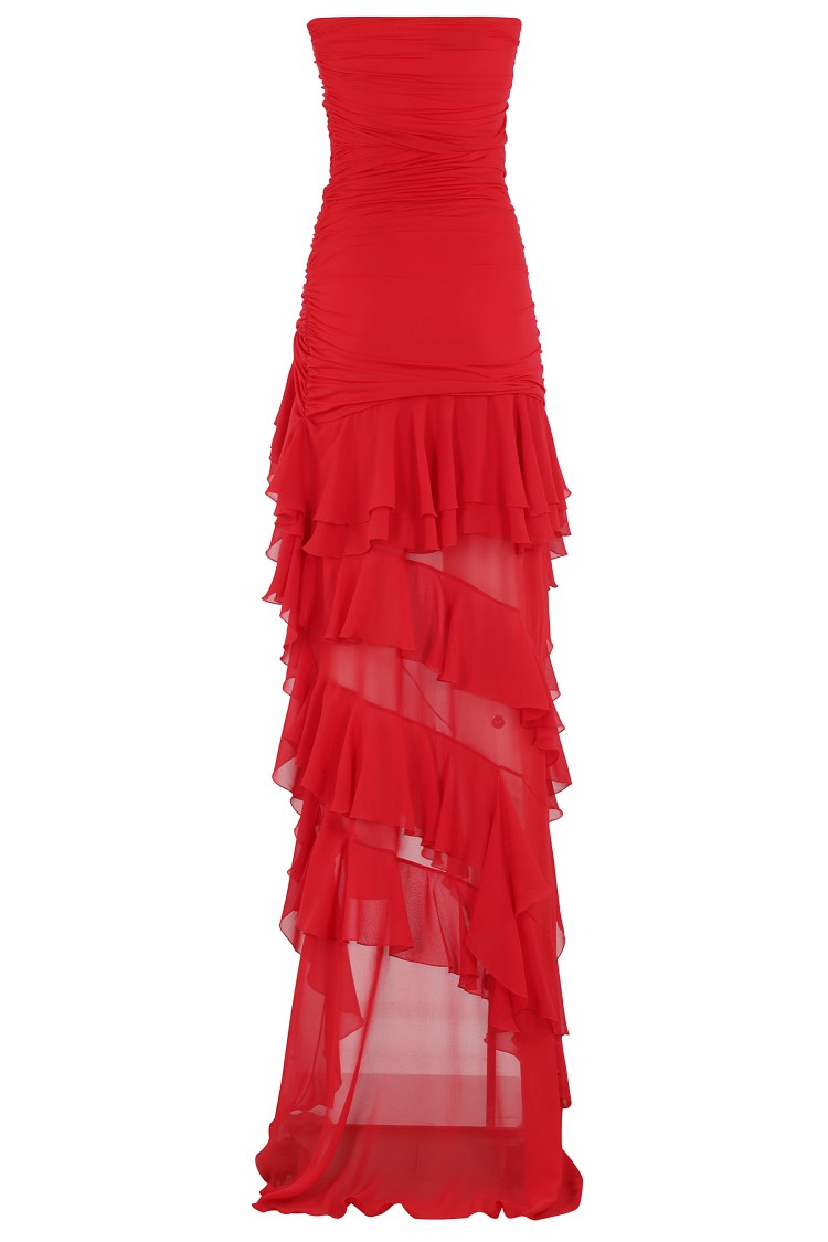 Blumarine Draped Bodice Dress With Asymmetrical Chiffon Skirt In Red
