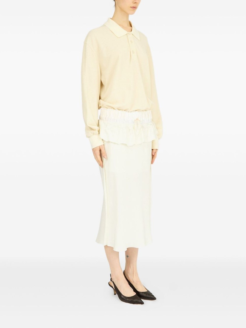 Maison Margiela White Midi Dress With Polo Collar And Gathered Waist