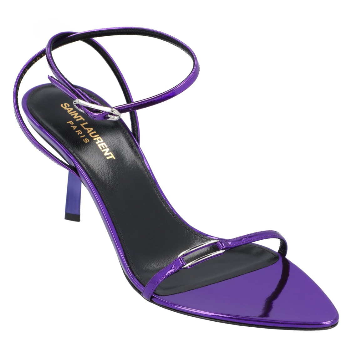 Saint Laurent Sleek Mirror Ankle-strap Kitty Sandals In Purple