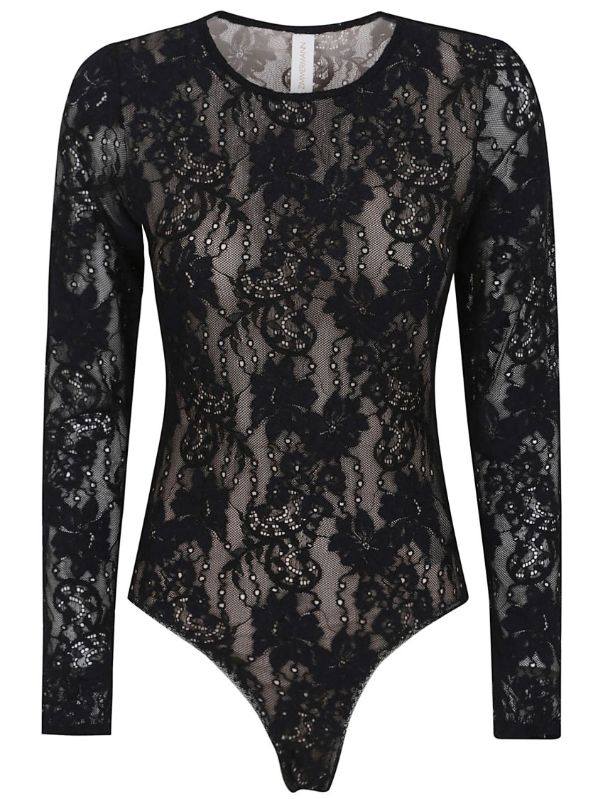 Zimmermann Fitted Black Lace Bodysuit With Floral Design And Inset Jelly Ribbon