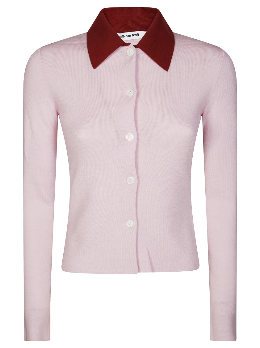 Self-portrait Wool Cardigan With Contrasting Collar In Pink
