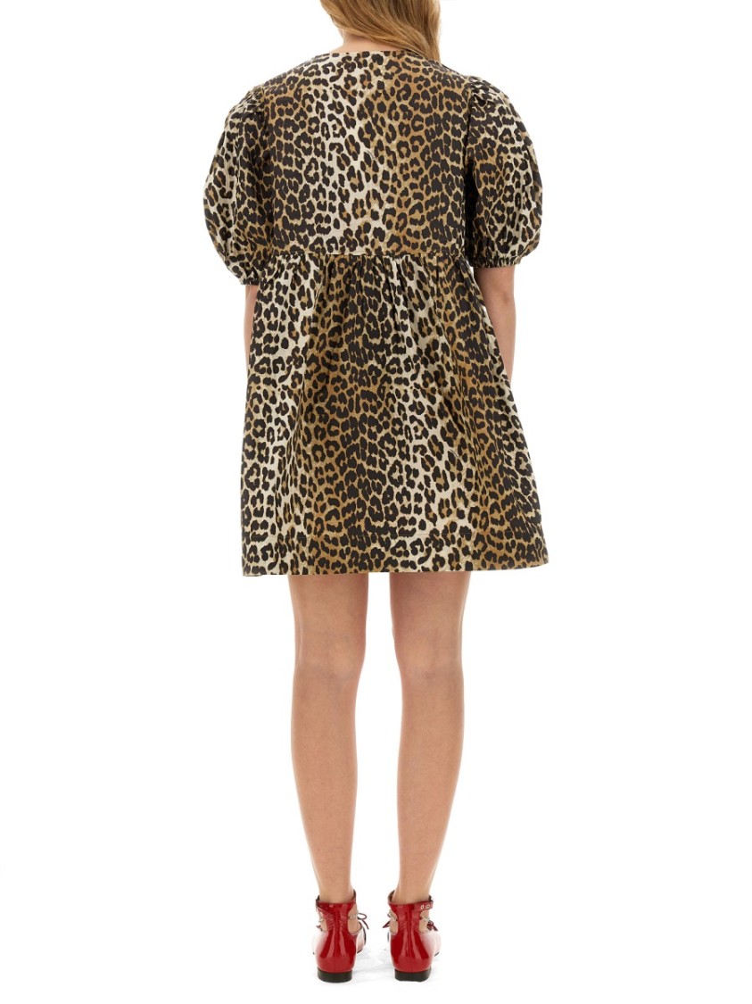 Ganni Printed Tie String Poplin Mini Dress In Brown