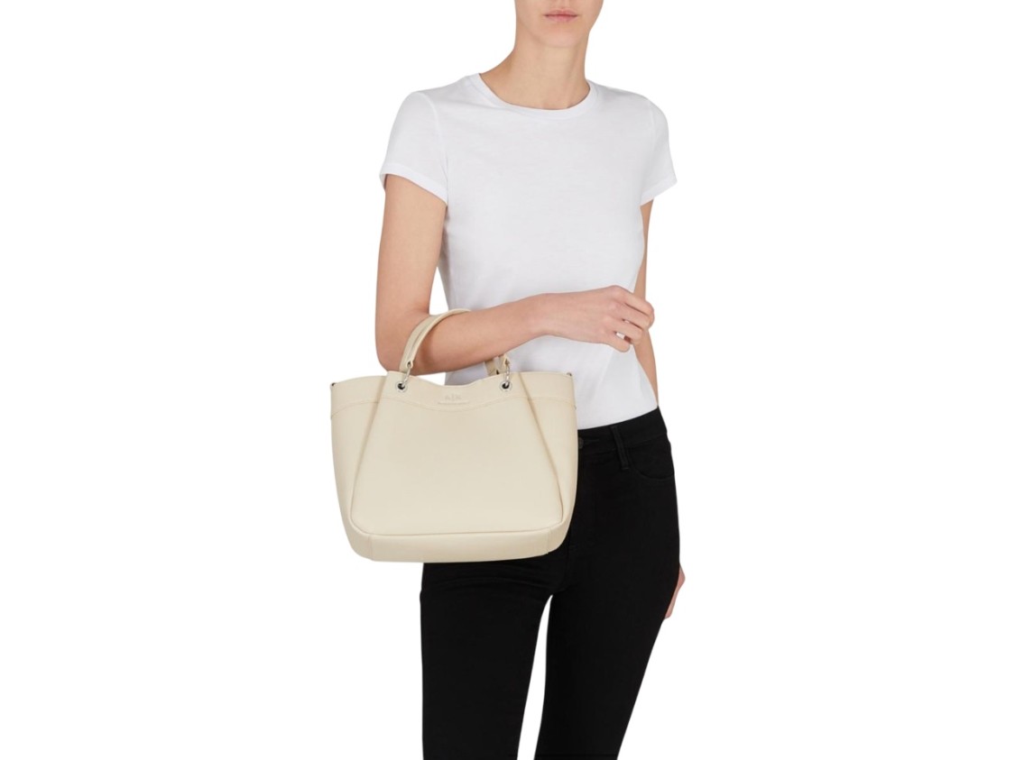 Armani Exchange Textured Beige Shopper Bag With Dual Handles In White