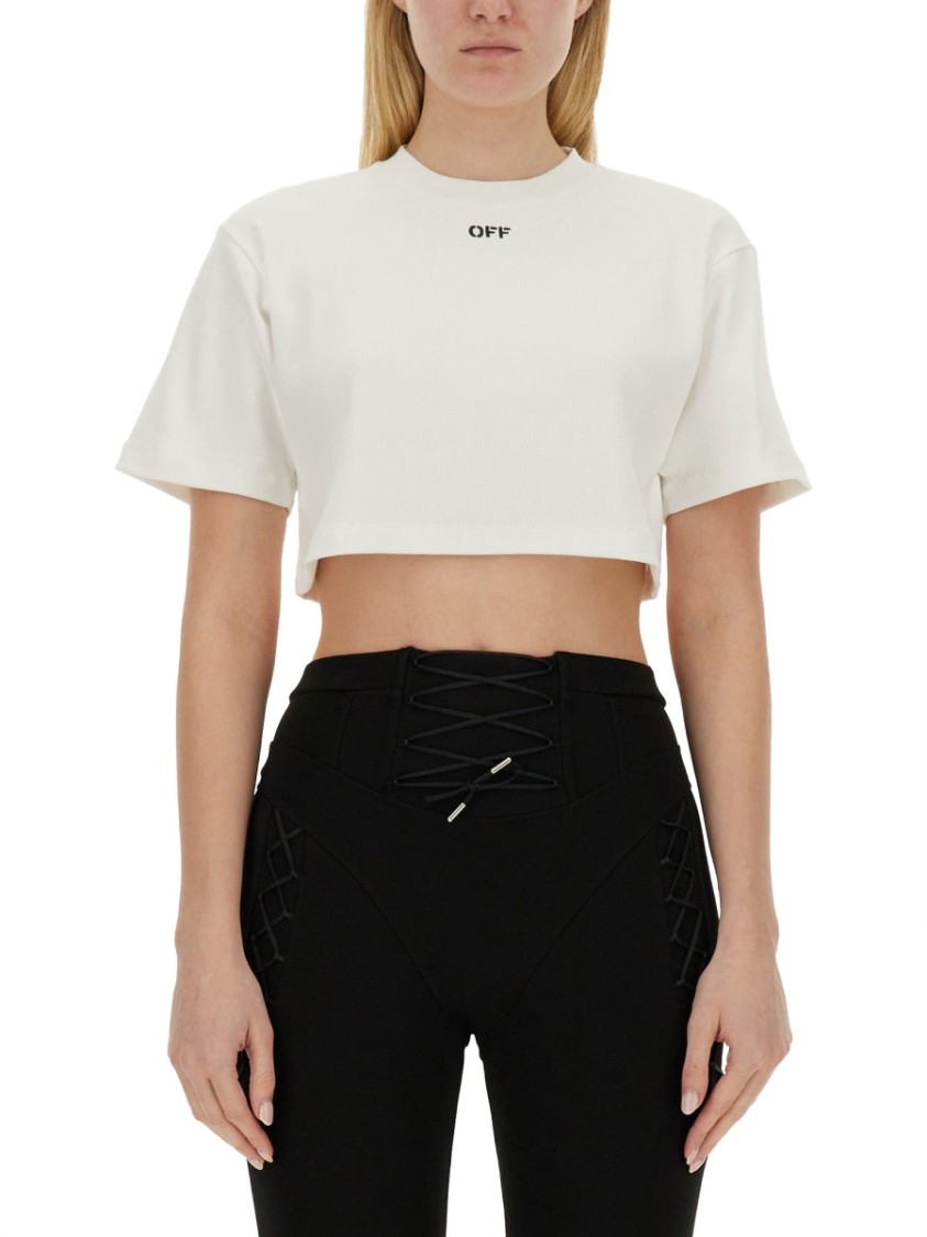 Off-White Ribbed Cropped T-Shirt in White | THE LIST Off-White Ribbed Cropped T-Shirt in White | THE LIST