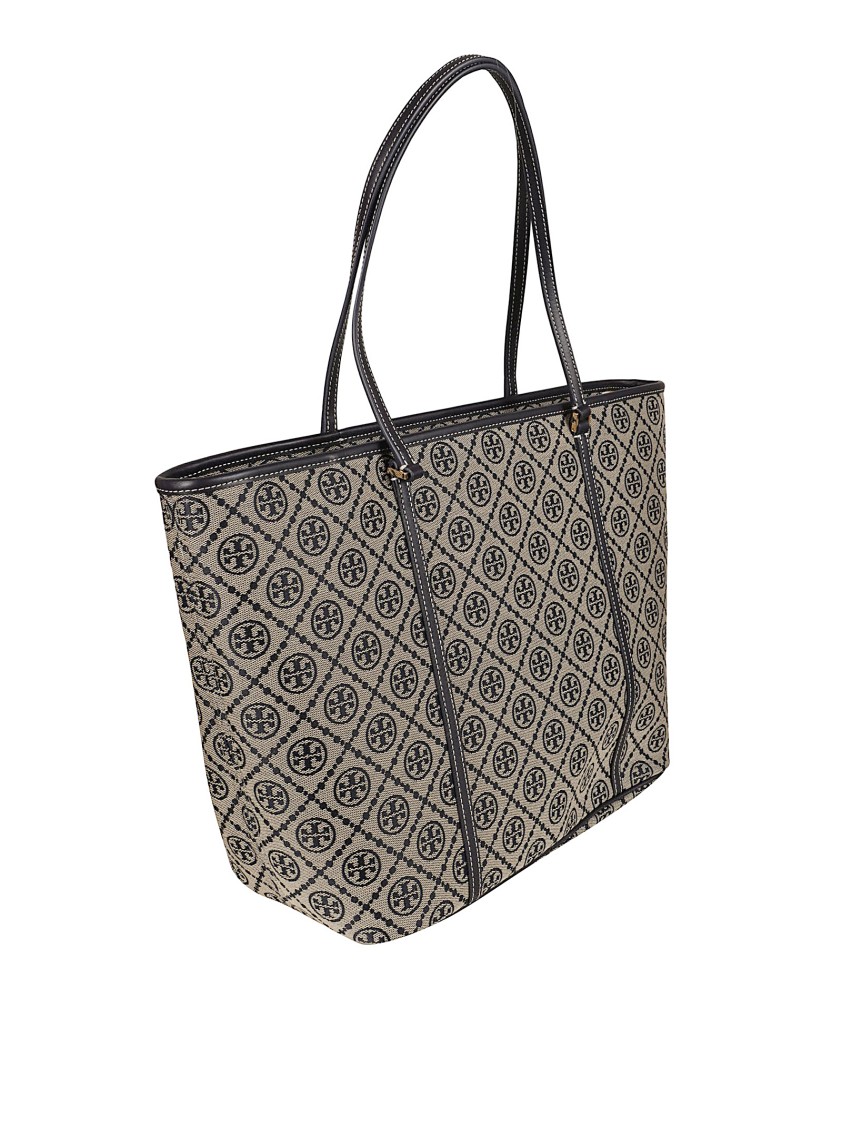 Tory Burch Embroidered Canvas T Monogram Shopping Bag In Gray