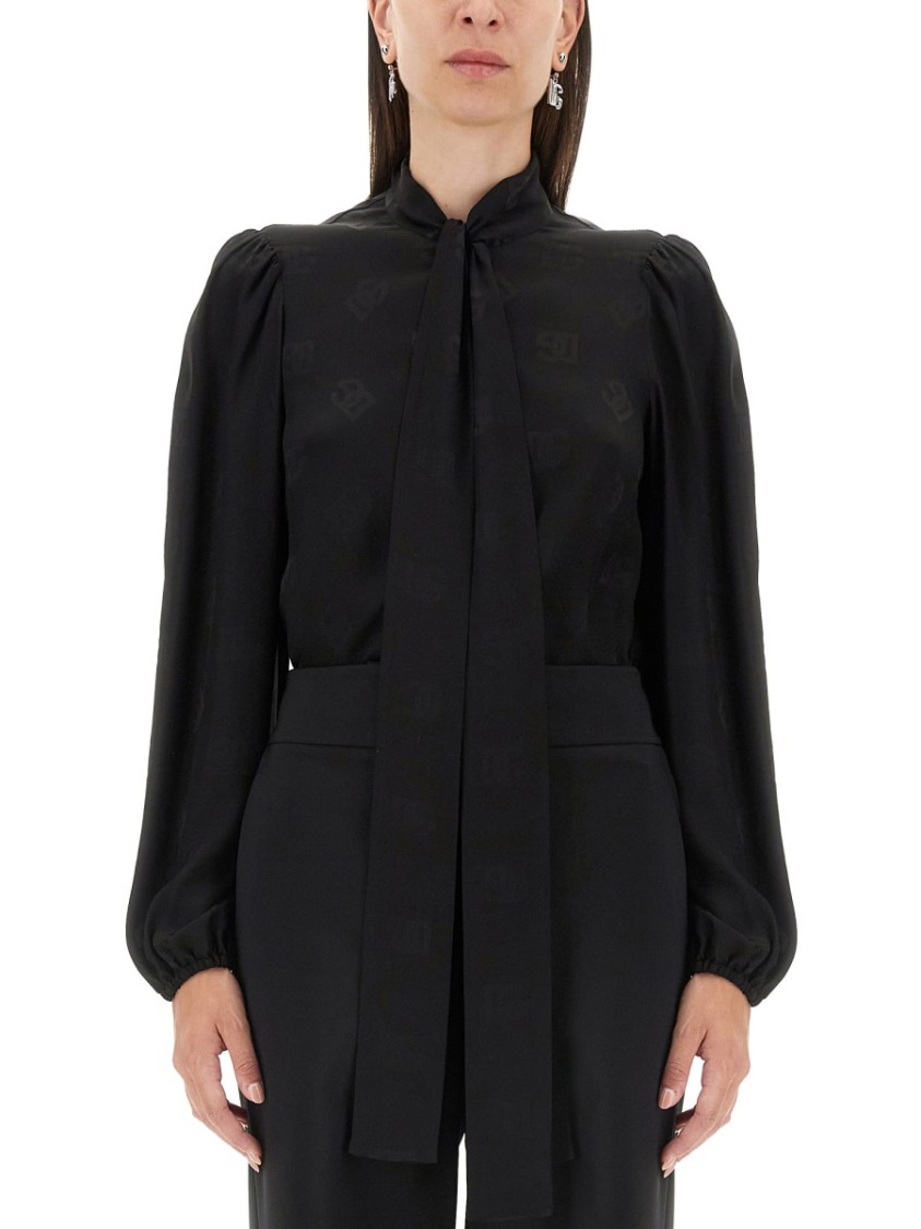 Dolce & Gabbana Silk Shirt With Lace Inlay In Black