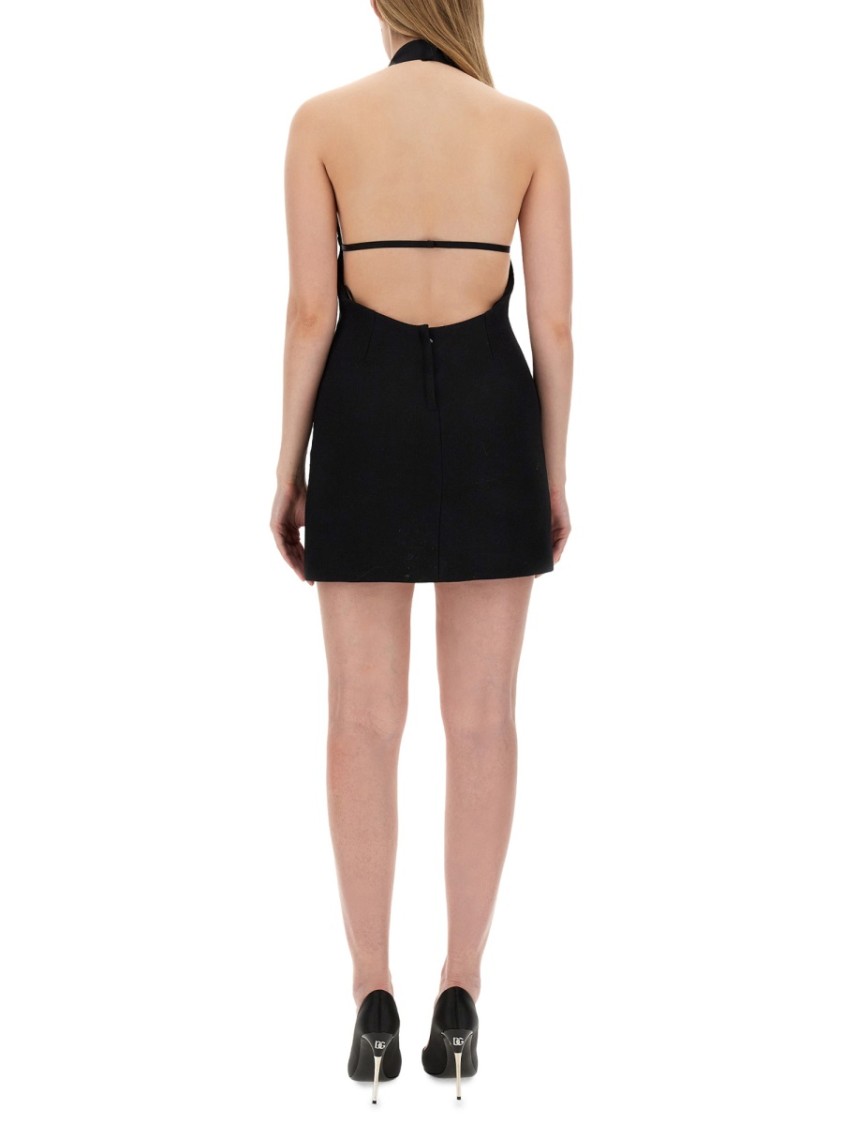 Dolce & Gabbana Black Mini Dress With Floral Detail In Wool Woman In Black