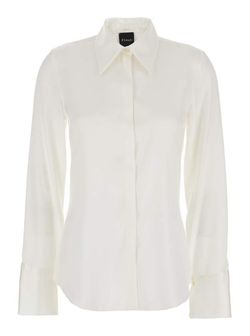 Plain White Shirt With Pointed Collar And Concealed Button Closure In Silk Woman In White