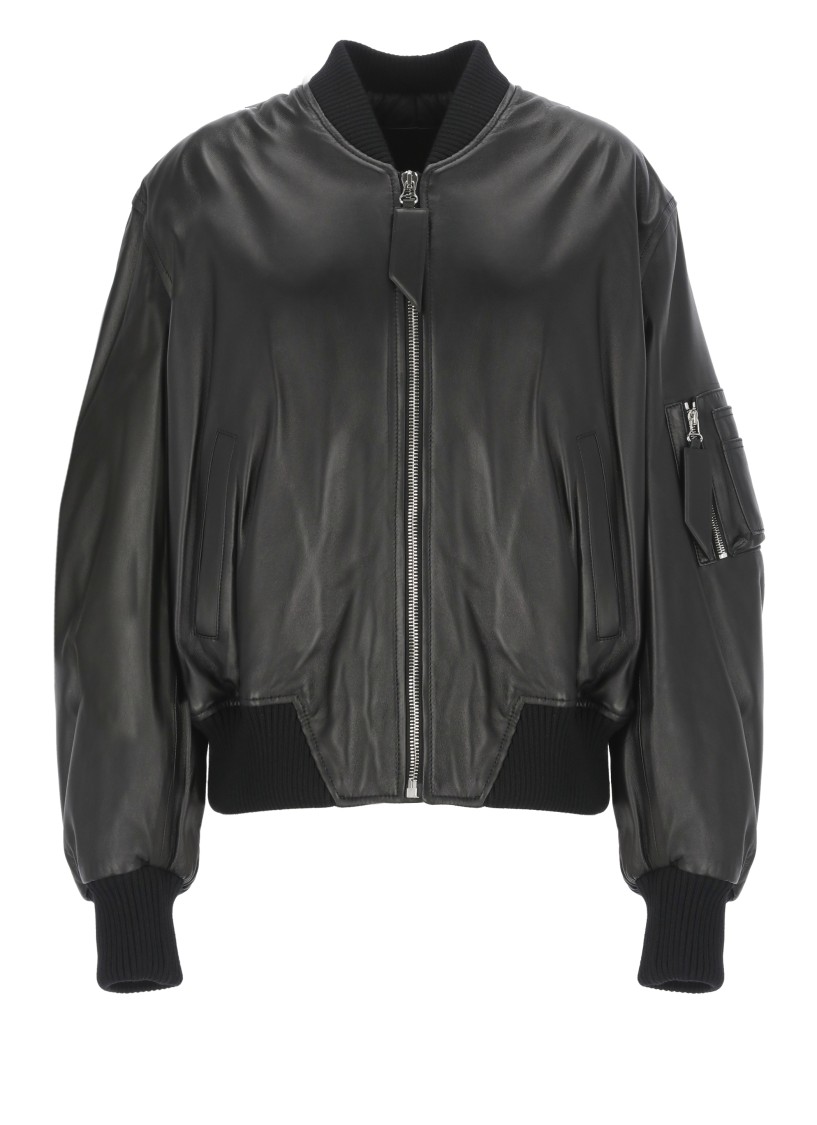 Attico Black Leather Bomber Jacket In Black