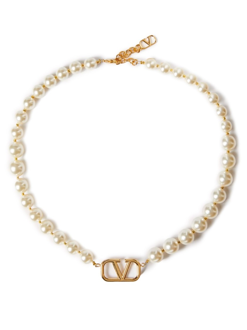 Valentino Vlogo Signature Metal And Swarovski Pearls Necklace In Gold