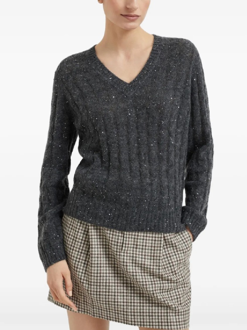 Brunello Cucinelli Textured Ribbed V-neck Sweater With Sparkling Details In Gray