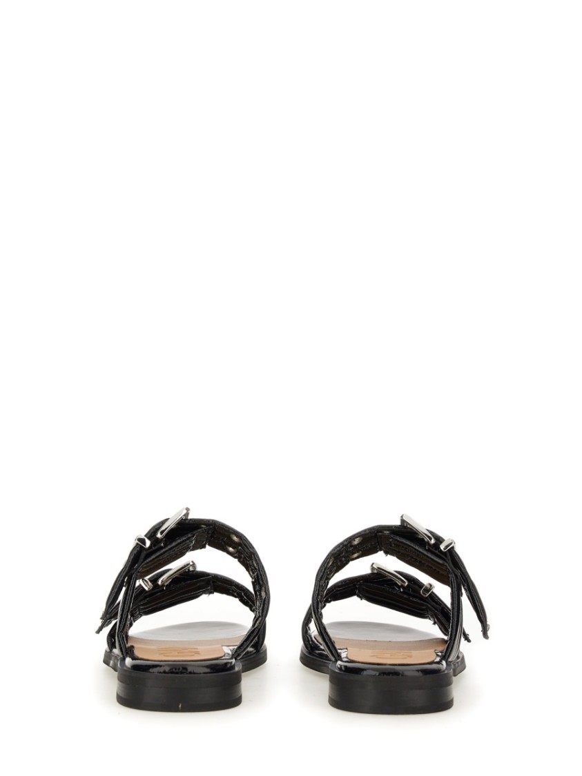 Ganni Buckled Eyelet-embellished Recycled Faux Patent-leather Sandals In Black
