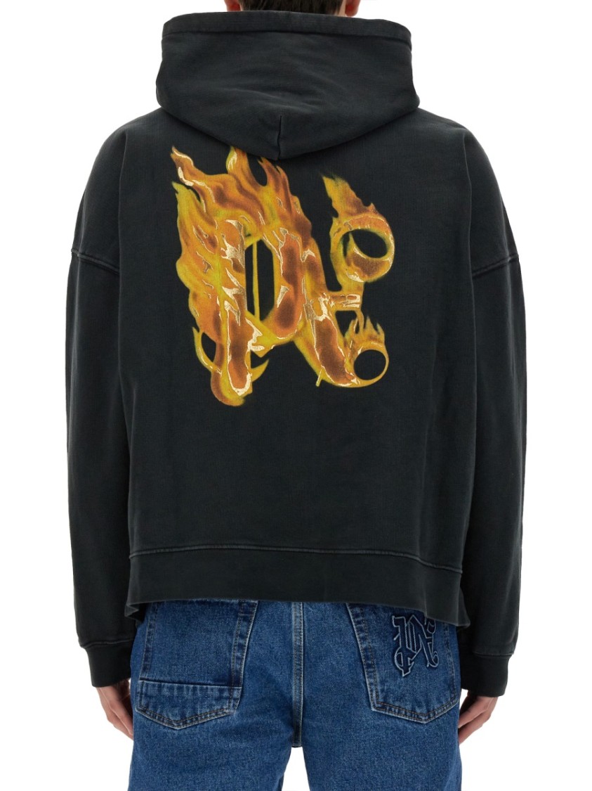 Palm Angels Back Burning Monogram Cotton Hoodie In Black