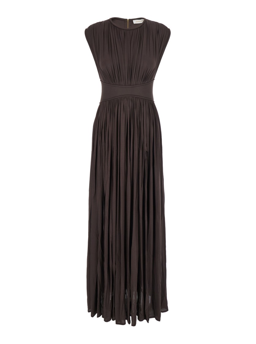 ZIMMERMANN ZIMMERMANN ILLUMINATE' BROWN LONG DRESS WITH GATHERED NECKLINE