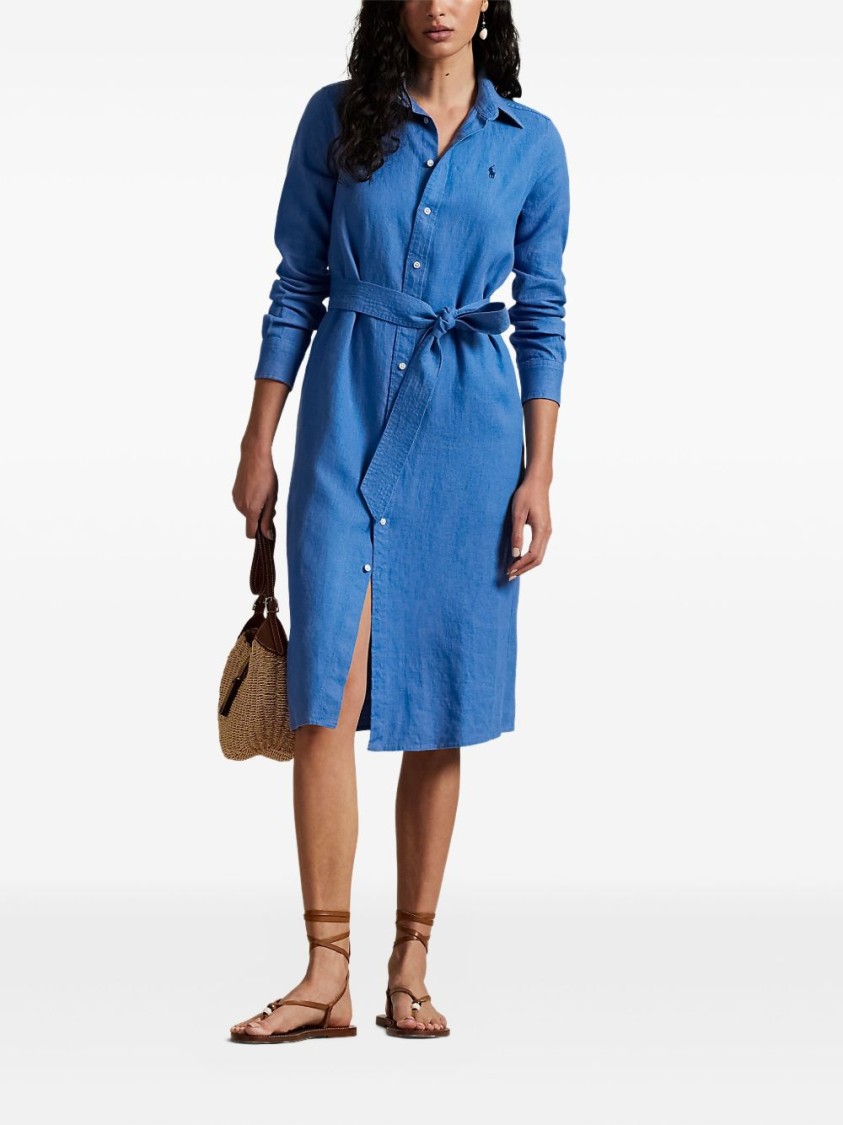Polo Ralph Lauren Button-down Linen Dress With Self-tie Waist And Classic Collar In Blue