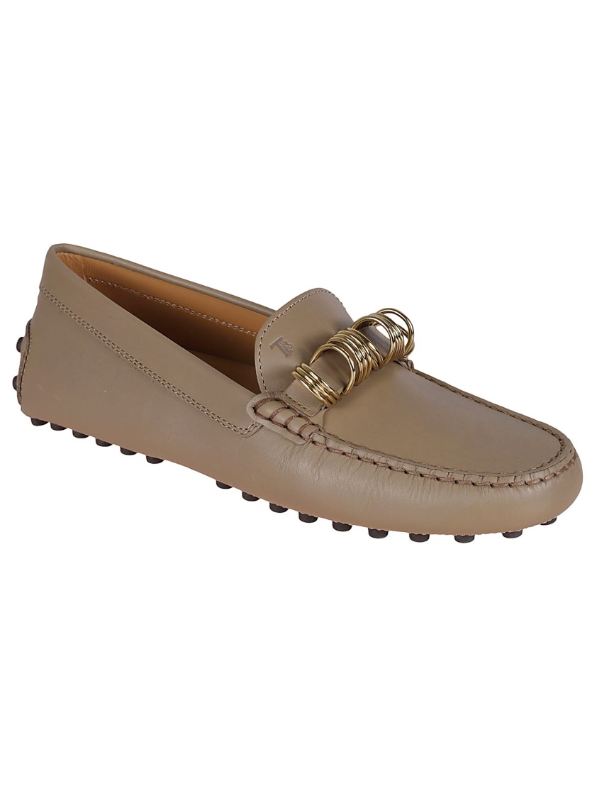 Tod's Rounded Toe Leather Loafers With Decorative Metal Ring In Neutral