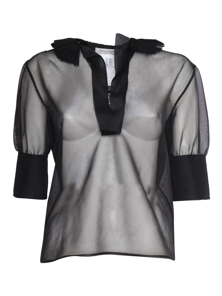 Philosophy Di Lorenzo Serafini Sheer Black Top With Puff Sleeves
