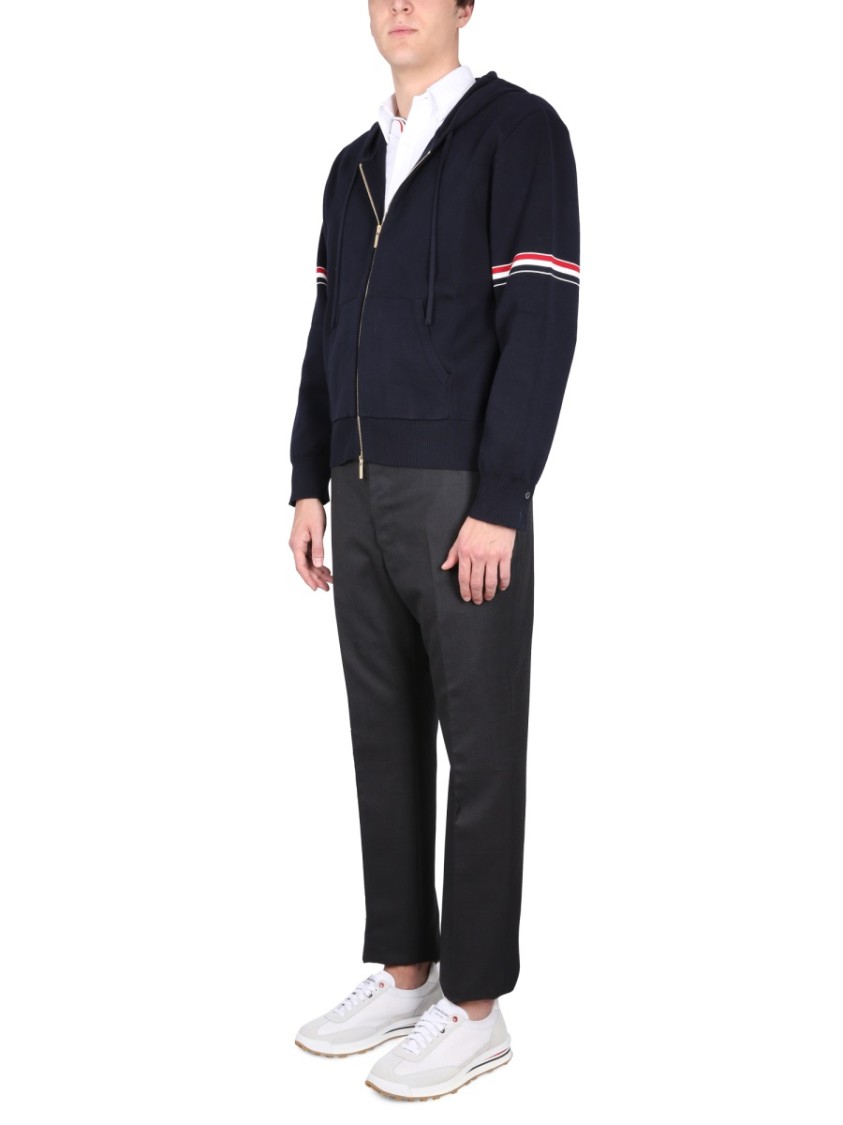 Thom Browne Zip-up Hoodie With Drawstring And Contrast Stripes In Blue