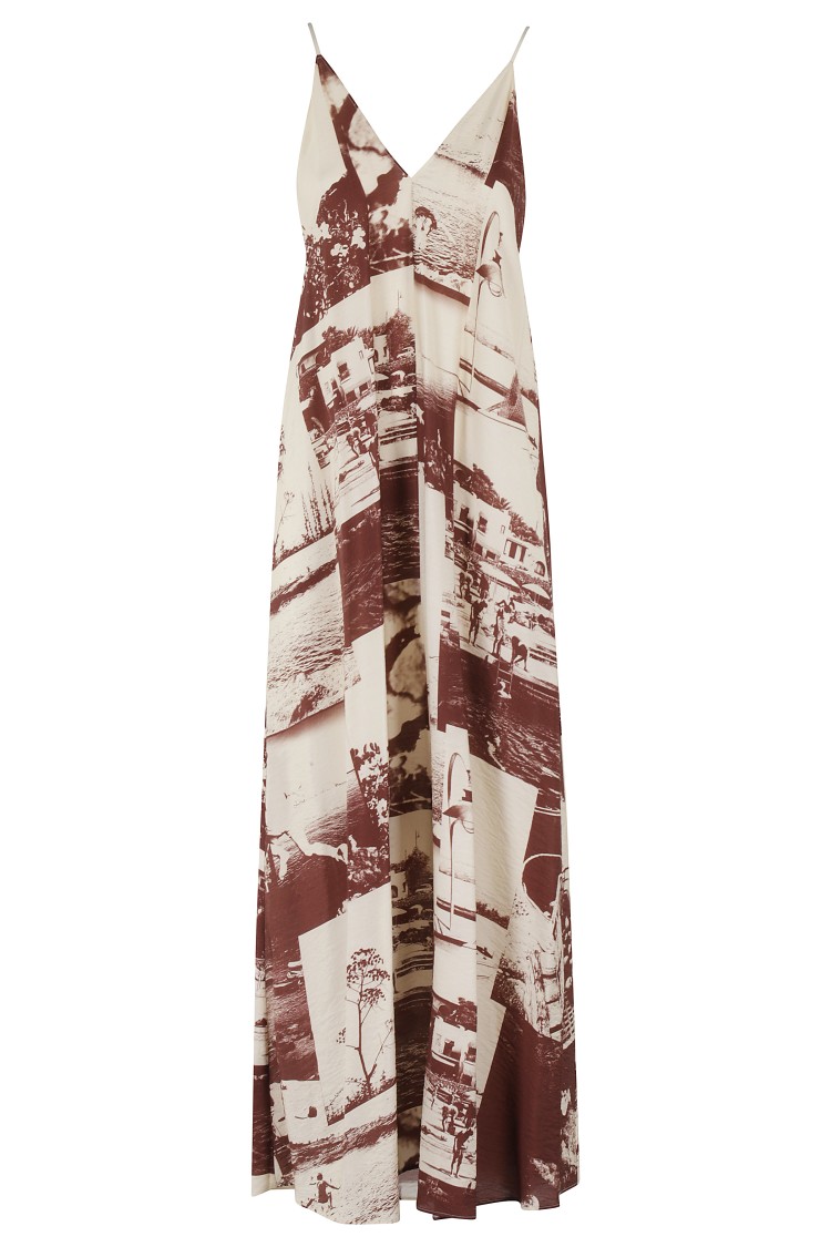 Shop Alysi Maxi Dress With Deep V-neckline And Photographic Print In Brown