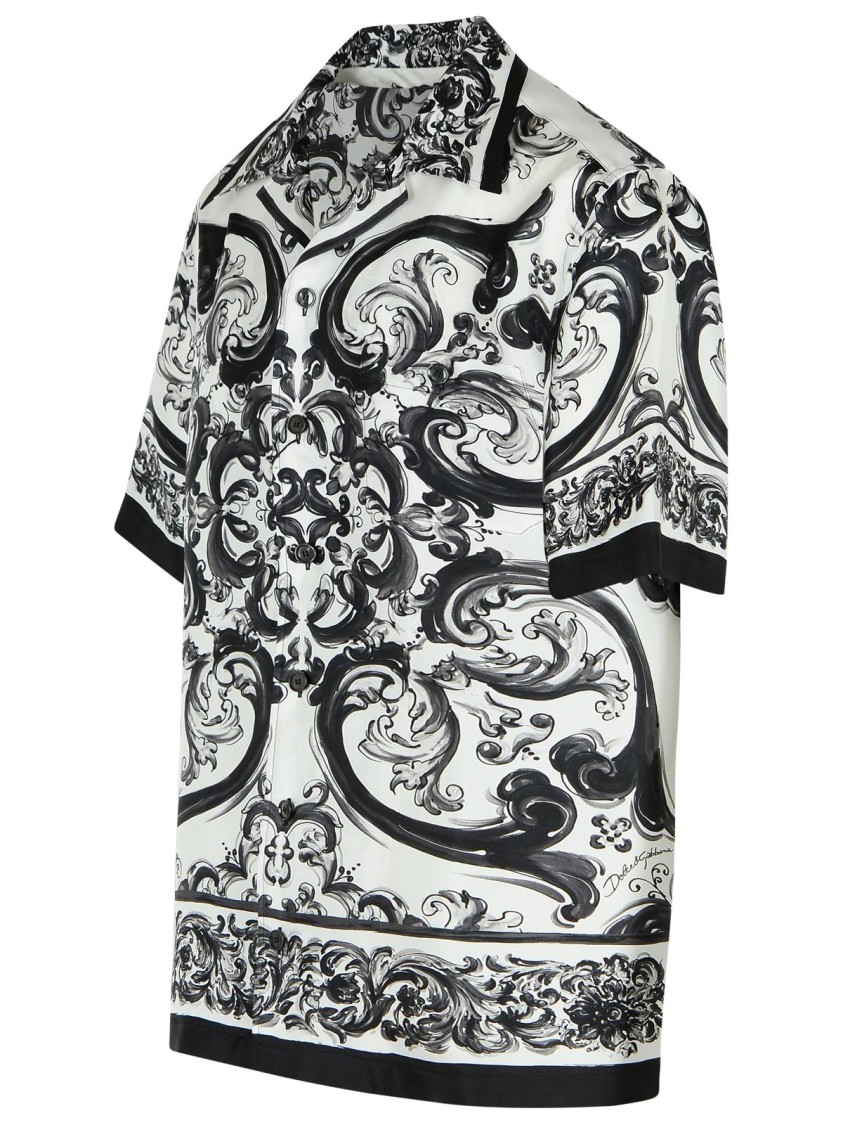 Dolce & Gabbana Maiolica Black And White Bowling Shirt With Cuban Collar And All-over Print In Silk Man