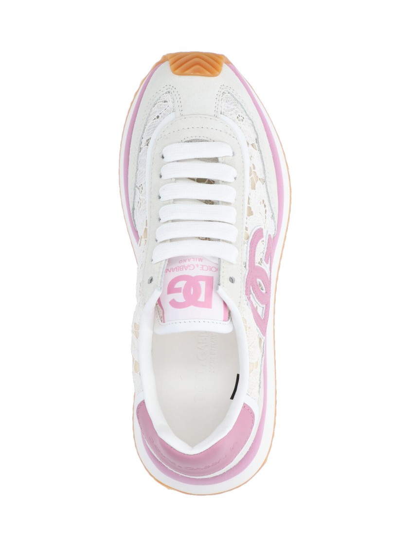 Dolce & Gabbana White Low Top With Lace Details And Dg Patch On The Side In Fabric And Suede Blend Woman In Multi