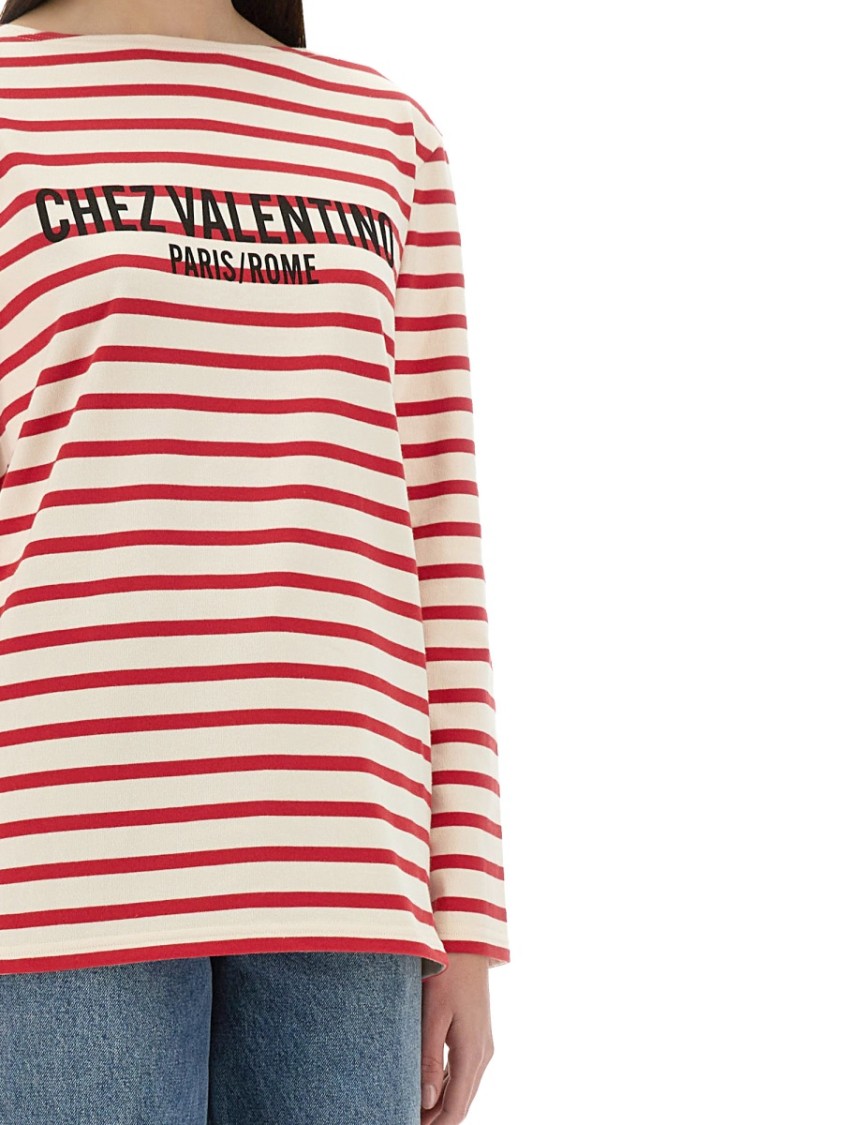 Valentino Striped Cotton Jersey Long Sleeve T-shirt Ivory And Red In Red