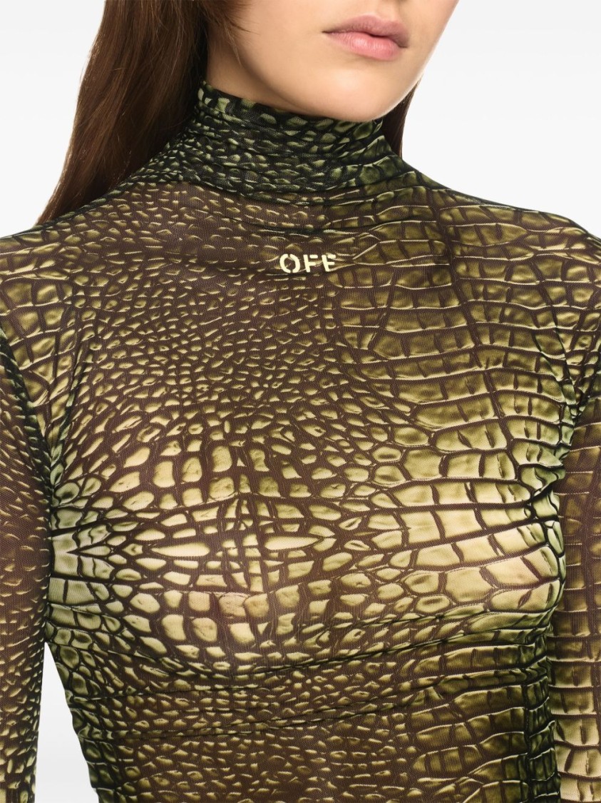 Off-white High-neck T-shirt With Crocodile Skin Print In Green