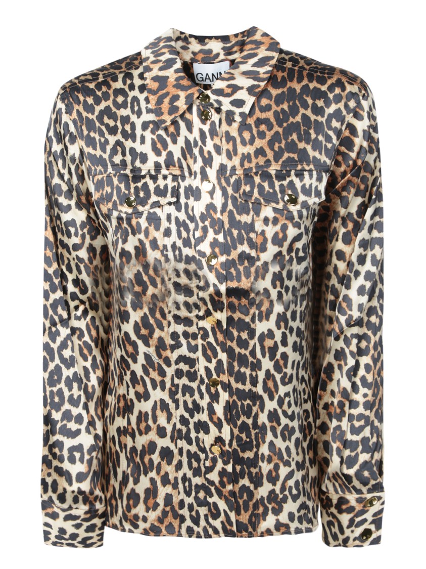 Ganni Leopard Pattern Satin Long Sleeve Shirt In Brown