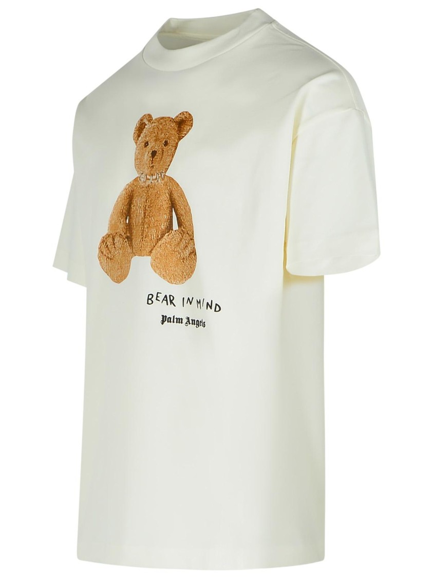 Palm Angels Bear In Mind White T-shirt With Bear Print And Logo Lettering On The Front In Cotton Man In White
