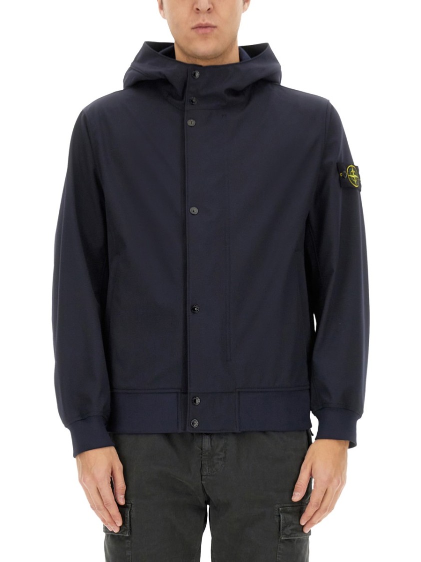Stone Island Hooded Jacket With Front Button Closure In Blue