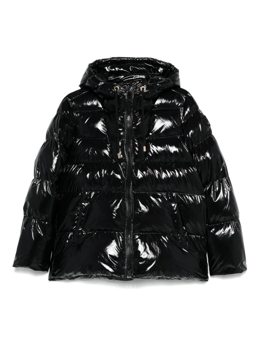 Pinko Oversized Black Puffy Coat With Glossy Finish And Hood In Black