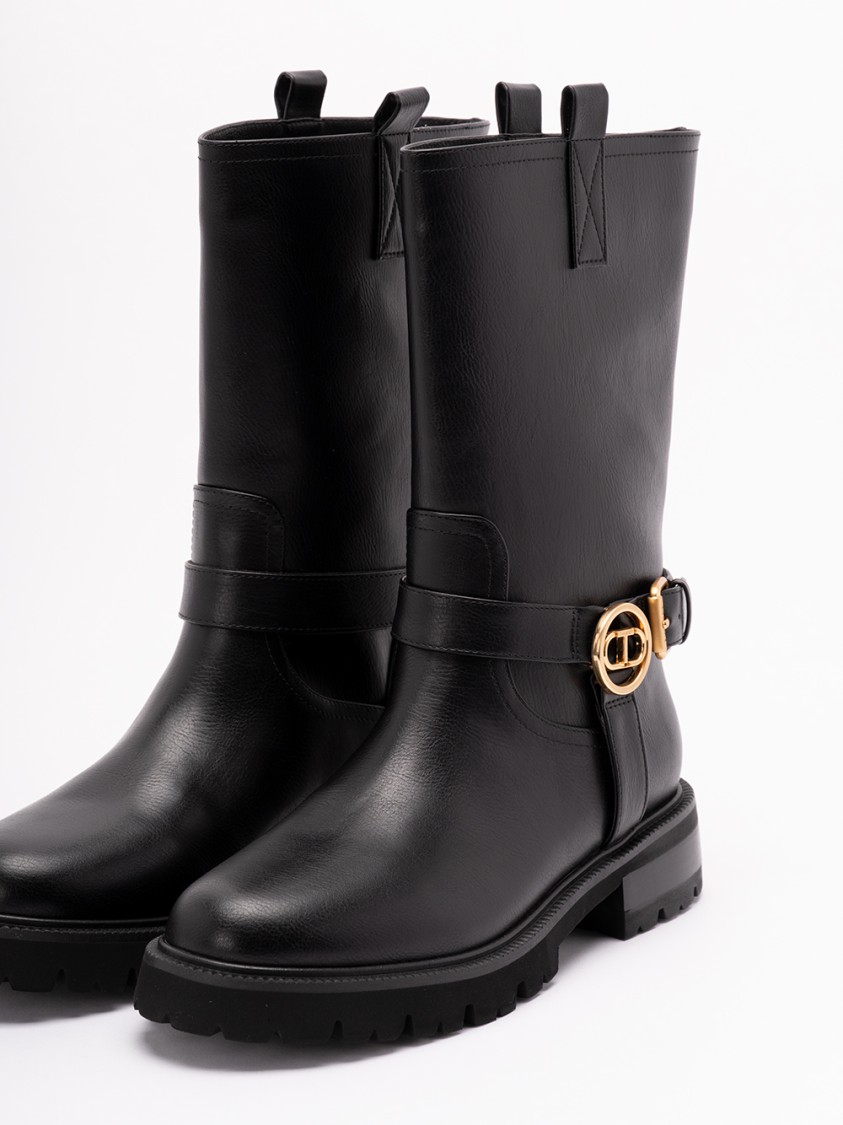 Twinset Twin-set Mid-calf Black Leather Boots With Buckle Fastening In Multi